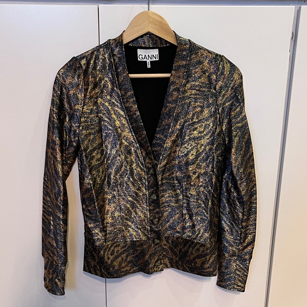 Ganni Metallic Animal-Print Blazer in Gold and Black